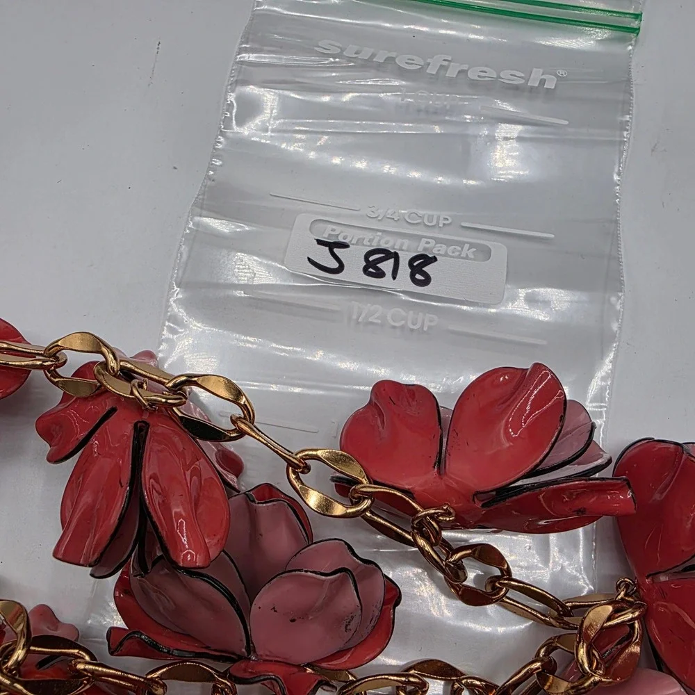 Tory Burch Pink Red Enamel Flower Statement Necklace Gold‎ Tone Logo Charm 22in